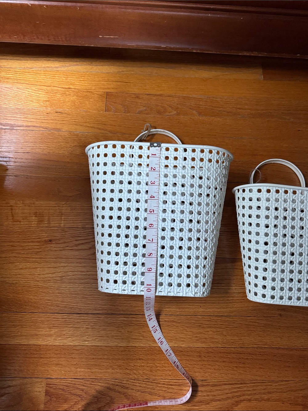 2 White Woven Metal Hanging baskets large and small for doors or wall!